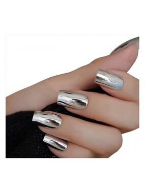 Silver Mirror Chrome Press On Nails Short Square Metallic Nail Set Kit